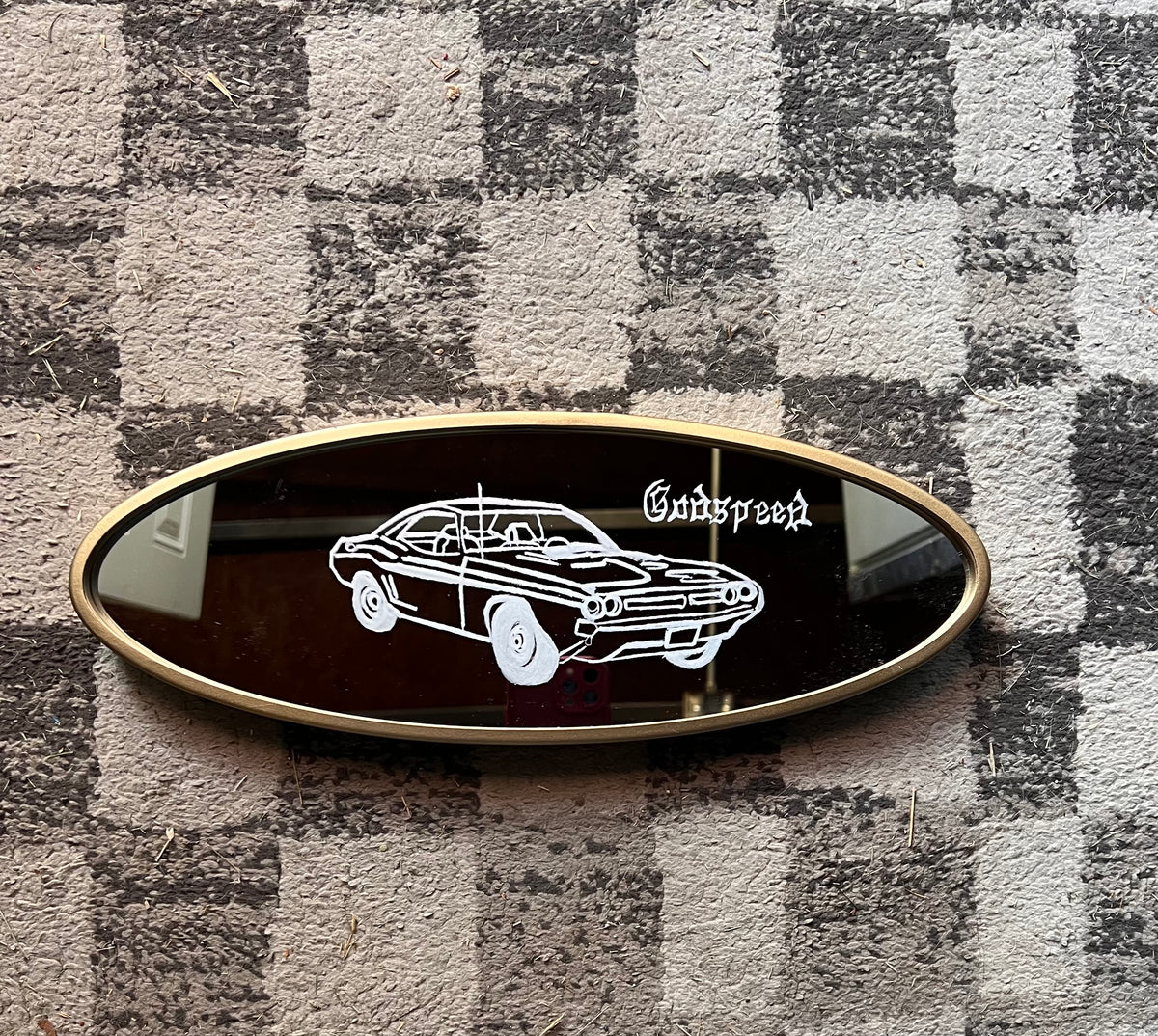 “Godspeed” Dodge Engraved Oval Mirror – Gold Frame, 14”