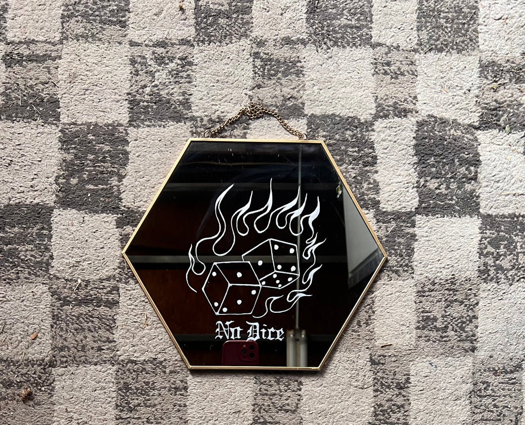 “No Dice” Old English Hexagon Mirror – Gold Frame, 12”