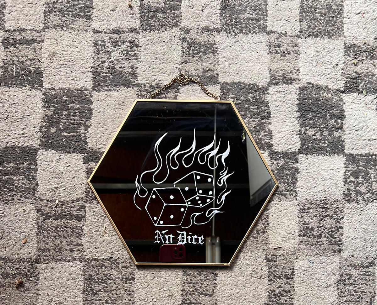 “No Dice” Old English Hexagon Mirror – Gold Frame, 12”